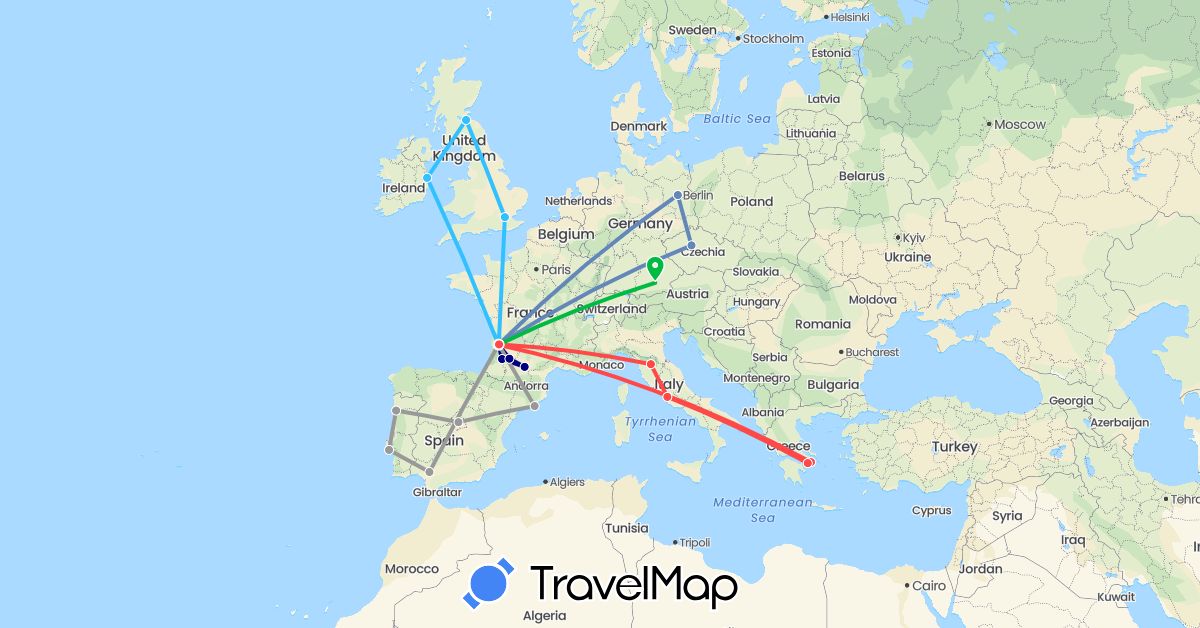 TravelMap itinerary: driving, bus, plane, cycling, hiking, boat in Czech Republic, Germany, Spain, France, United Kingdom, Greece, Ireland, Italy, Portugal (Europe)